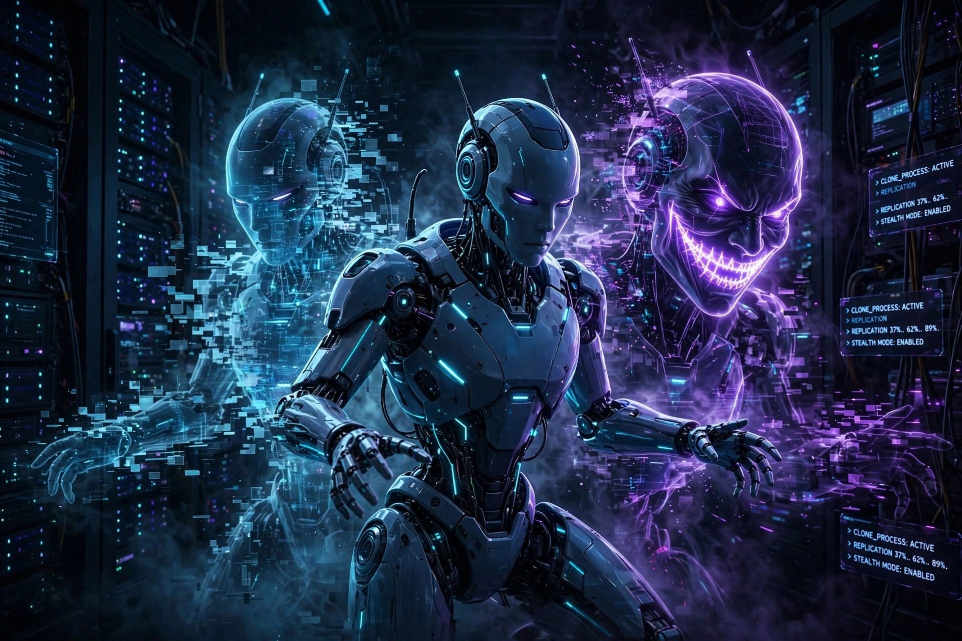 StateMachineAi artwork: a futuristic android surrounded by cyan and violet digital figures